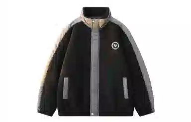 功夫熊猫 美式复古嘻哈街头字母动漫胶标基础款纯色拼接加厚保暖御寒宽松休闲柔软亲肤舒适时尚百搭痞帅拉链翻领绒感外套 男女同款