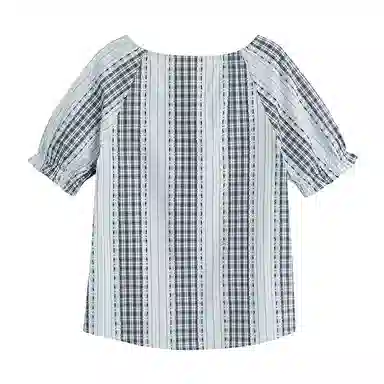 茵曼 圆领格子条纹剪花宽松短袖衬衫 女款 彩蓝格