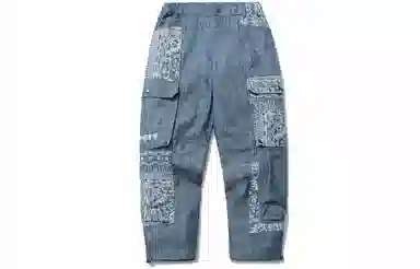 李宁 运动时尚系列 图案印花抽绳收口梭织牛仔裤 男款 故乡蓝