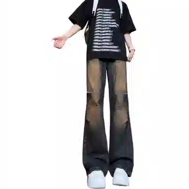 虫小绿 美式复古水洗做旧个性创意闪电纹拼接中腰直筒微喇高街百搭休闲裤牛仔裤 男女同款