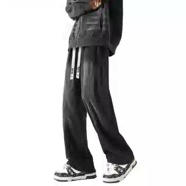 布客行 美式高街潮牌复古水洗渐变做旧拼接宽松直筒垂感抽绳休闲牛仔裤 男女同款