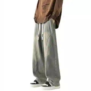 布客行 美式高街潮牌复古水洗渐变做旧拼接宽松直筒垂感抽绳休闲牛仔裤 男女同款