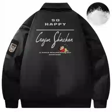 蜡笔小新 美式卡通人物像素字母印花袖袋袖徽休闲宽松加厚保暖翻领飞行员羽绒服 男女同款