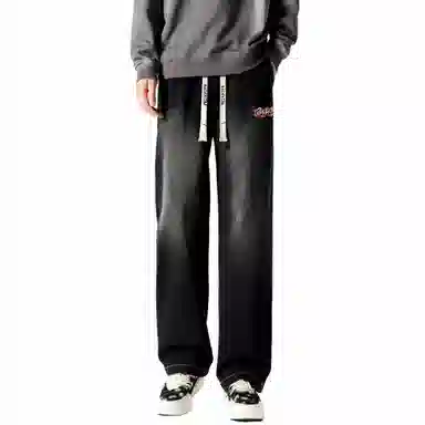 大卫贝肯 美式复古高街风字母水洗宽松中腰显高品牌系带阔腿牛仔裤 男女同款