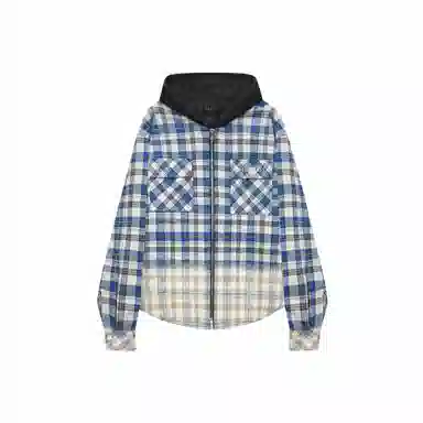 False Perception Washed Blue Plaid Hoodie Jacket