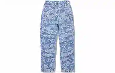 中国李宁 满印直筒宽松水洗牛仔裤 男款 浅蓝色