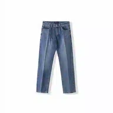 我是大卫 纯色做旧中腰拉链宽松休闲直筒牛仔裤 男女同款 蓝色