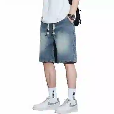 协协乐 薄款宽松直筒美式复古水洗休闲五分牛仔短裤 男款