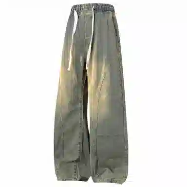 稻草人 美式高街废土风结构性拼接水洗做旧简约纯色垂感松紧抽绳直筒无性别主义宽松休闲百搭工装牛仔裤 男女同款