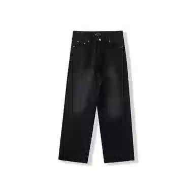 我是大卫 美式高街小众设计水洗做旧直筒宽松休闲阔腿拉链牛仔裤 男女同款 黑色