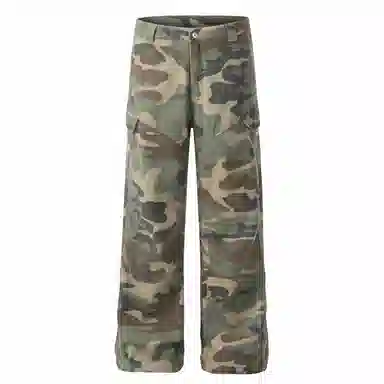 木林森 美式高街复古潮流拼接个性贴袋迷彩高品质百搭通勤显高显瘦垂感宽松休闲直筒牛仔裤 男女同款