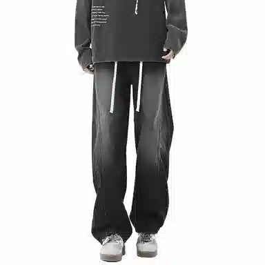 【dme】 时尚潮牌高街设计感拼接宽松系带中腰百搭水洗做旧垂感休闲直筒牛仔裤 男女同款