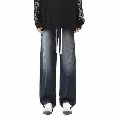 【dme】 时尚潮牌高街设计感拼接宽松系带中腰百搭水洗做旧垂感休闲直筒牛仔裤 男女同款