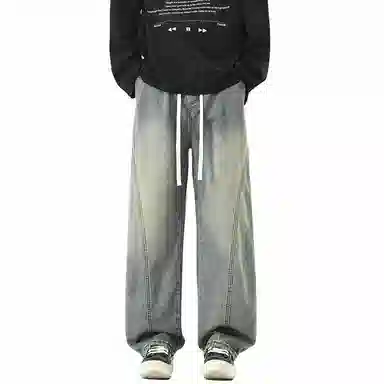 【dme】 时尚潮牌高街设计感拼接宽松系带中腰百搭水洗做旧垂感休闲直筒牛仔裤 男女同款