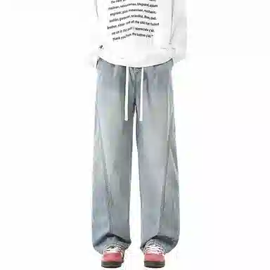 【dme】 时尚潮牌高街设计感拼接宽松系带中腰百搭水洗做旧垂感休闲直筒牛仔裤 男女同款