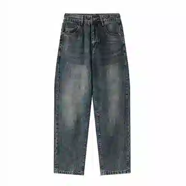 赞仕 美式复古水洗做旧宽松直筒牛仔裤 男女同款 蓝色