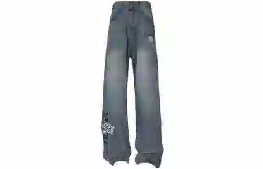 大卫贝肯 做旧字母印花涂鸦中腰拉链百搭直筒牛仔裤 男女同款