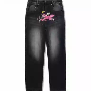 中国李宁 印花水洗中腰舒适透气百搭直筒牛仔裤 男款 牛仔黑