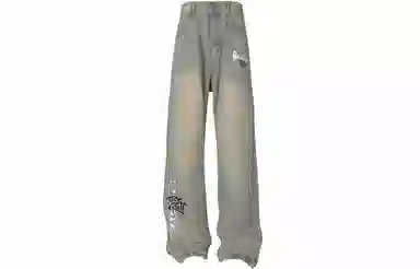 大卫贝肯 做旧字母印花涂鸦中腰拉链百搭直筒牛仔裤 男女同款