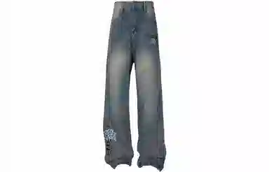 大卫贝肯 做旧字母印花涂鸦中腰拉链百搭直筒牛仔裤 男女同款