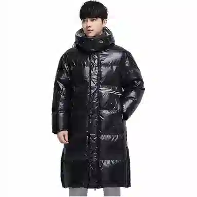 鸭鸭 纯色字母可脱卸连帽拉链长款长袖羽绒服 男女同款 黑色