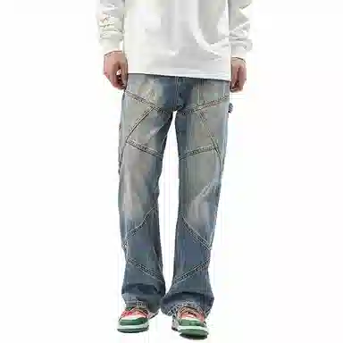人本 潮流高街怀旧长裤子飘带多拼接设计宽松直筒水洗阔腿牛仔裤夏季 男女同款 复古蓝