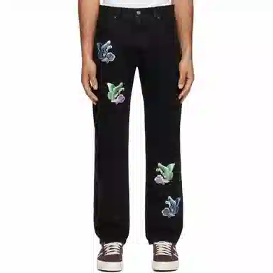 安娜苏 花卉贴布拉链束脚牛仔裤 男款 黑色