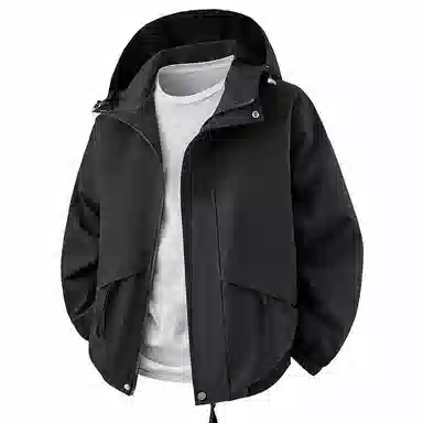 快鱼 美式复古基础简约纯色工装大口袋设计防风宽松百搭连帽夹克外套 男女同款