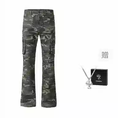 梁拌泡菜 美式高街多口袋修身微喇迷彩裤 男女同款