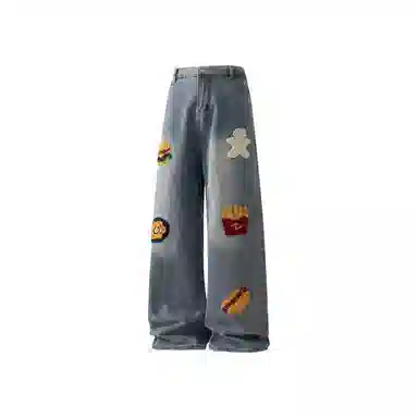 袋鼠 高街设计感宽松时尚休闲直筒牛仔裤 男女同款