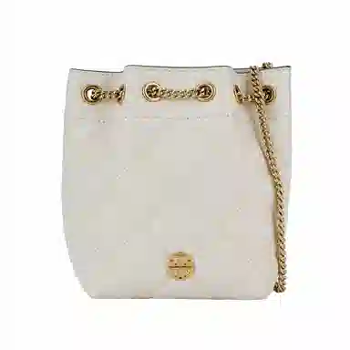 Tory Burch Metal Logo Chain Strap Bucket Bag Beige