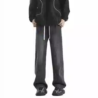 【dme】 美式复古高街纯色水洗做旧设计抽绳中腰宽松休闲垂感直筒牛仔裤 男女同款