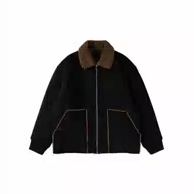 我是大卫 毛绒翻领纯色拼接美式高街复古加厚夹克外套 男女同款 黑色