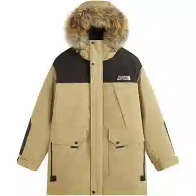 帕丁顿熊 纯色拼接毛领派克中长款连帽宽松休闲外套防风防寒保暖加厚羽绒服 男女同款