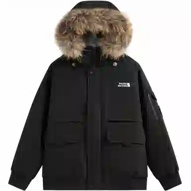 帕丁顿熊 纯色毛领派克连帽宽松外套简约小熊贴标休闲防风防寒保暖加厚羽绒服 男女同款