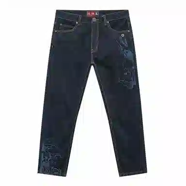 Oniarai Thief Blue Fire Lion Embroidered Straight Jeans