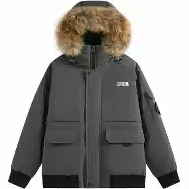 帕丁顿熊 纯色毛领派克连帽宽松外套简约小熊贴标休闲防风防寒保暖加厚羽绒服 男女同款