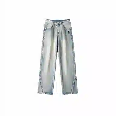 双星八特 美式复古纯色水洗做旧黄泥染高街宽松休闲直筒显高显瘦牛仔裤 男女同款