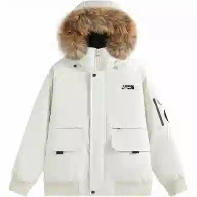 帕丁顿熊 纯色毛领派克连帽宽松外套简约小熊贴标休闲防风防寒保暖加厚羽绒服 男女同款