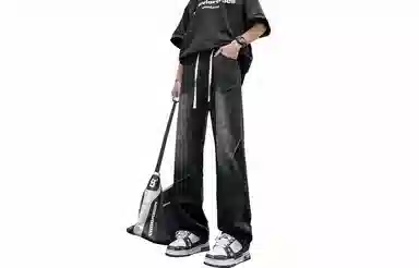 快鱼 美式高街风重磅无性别主义基础款重水洗做旧百搭户外通勤显高舒适中腰直筒休闲长裤牛仔裤 男女同款 黑色