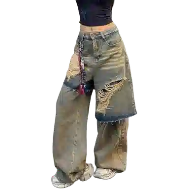 袋鼠 美式街头重工水洗破洞假两件拼接做旧设计感宽松垂感嘻哈废土风显高显瘦休闲直筒百搭牛仔裤 男女同款 复古蓝