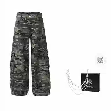 梁拌泡菜 美式高街复古宽松长裤休闲弯刀牛仔裤 男女同款 迷彩