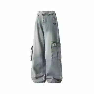 大卫贝肯 美式复古高街水洗做旧宽松休闲工装直筒拖地牛仔裤 男女同款 蓝色