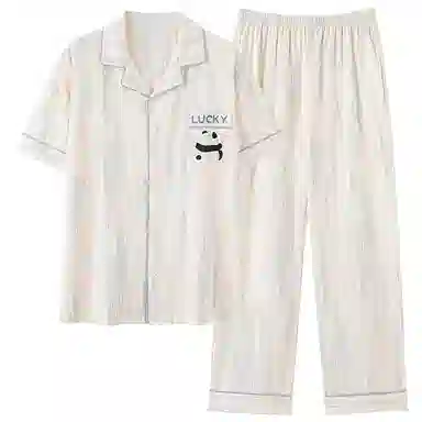 夏芬妍 柔软舒适条纹熊猫纯棉翻领家居服休闲舒适短袖短裤时尚可外穿 睡衣套装 男女同款