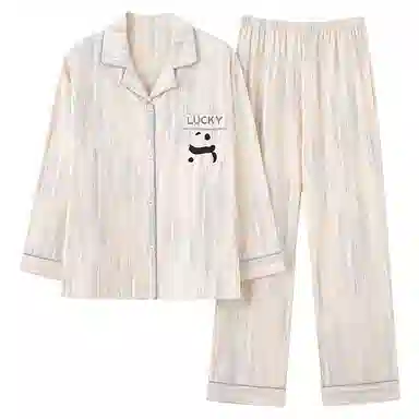 夏芬妍 柔软舒适条纹熊猫纯棉翻领家居服休闲舒适短袖短裤时尚可外穿 睡衣套装 男女同款