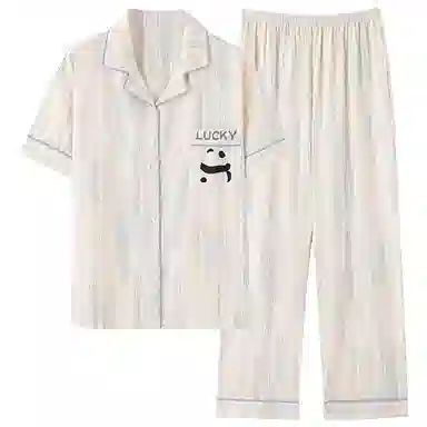 夏芬妍 柔软舒适条纹熊猫纯棉翻领家居服休闲舒适短袖短裤时尚可外穿 睡衣套装 男女同款