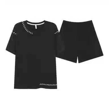 细舍 简约纯色休闲带胸垫短袖家居服睡衣套装 女款 黑色