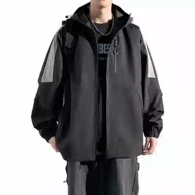 美力城 学院风美式嘻哈街头拼接撞色基础款休闲日常百搭通勤连帽夹克外套 男女同款