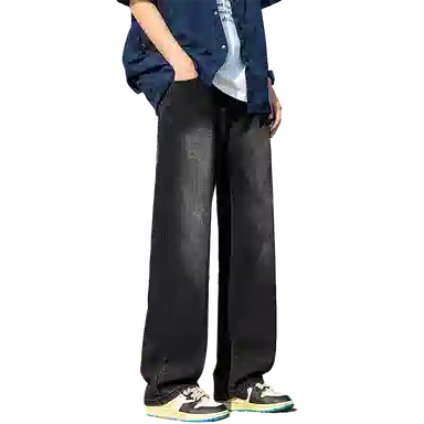 人本 中腰直筒宽松阔腿裤子松紧腰舒适休闲长裤牛仔裤夏季 男女同款