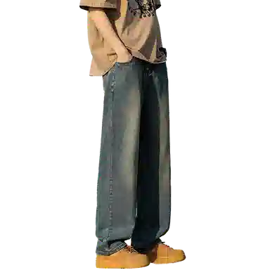 人本 中腰直筒宽松阔腿裤子松紧腰舒适休闲长裤牛仔裤夏季 男女同款